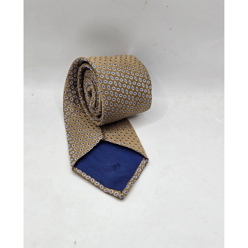 Hugo Boss Necktie Mens OS Gold Blue Geometric Micro Pattern Silk Made in Italy